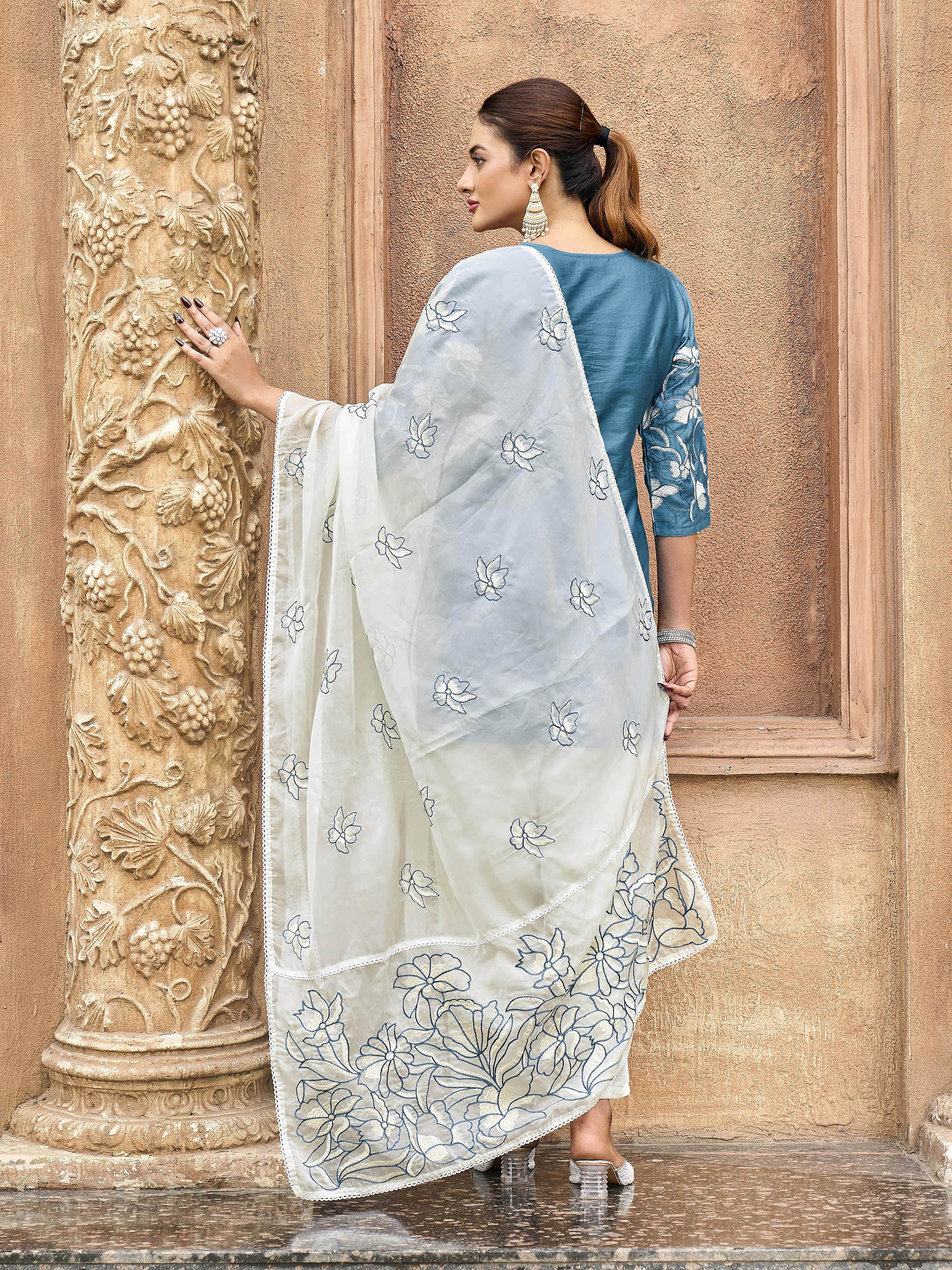 Blue color pure cotton thread embroidered short kurta & trouser with dupatta set